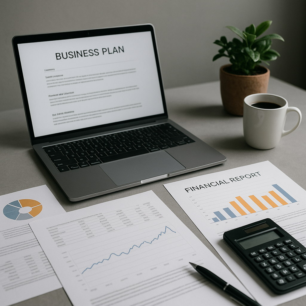 Business plan et documents financiers sur un bureau
